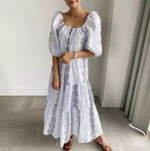 embroidered dress brands Unique Printed V-neck Bell Sleeve Mini Dress, Blue / M